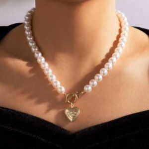 Faux Pearl Heart charm necklace